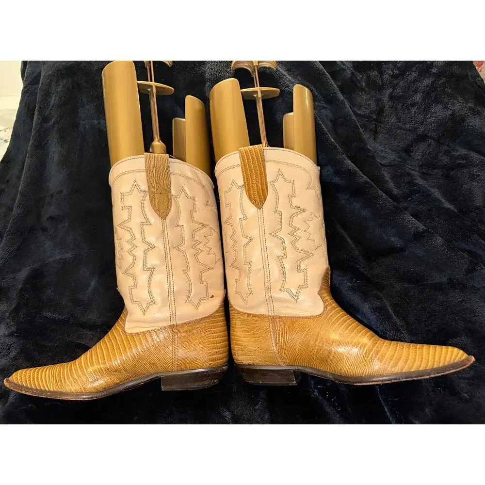VINTAGE TWO TONE BEIGE BROWN COWBOY BOOTS WESTERN MALIBU COWGIRL - Picture 4 of 11